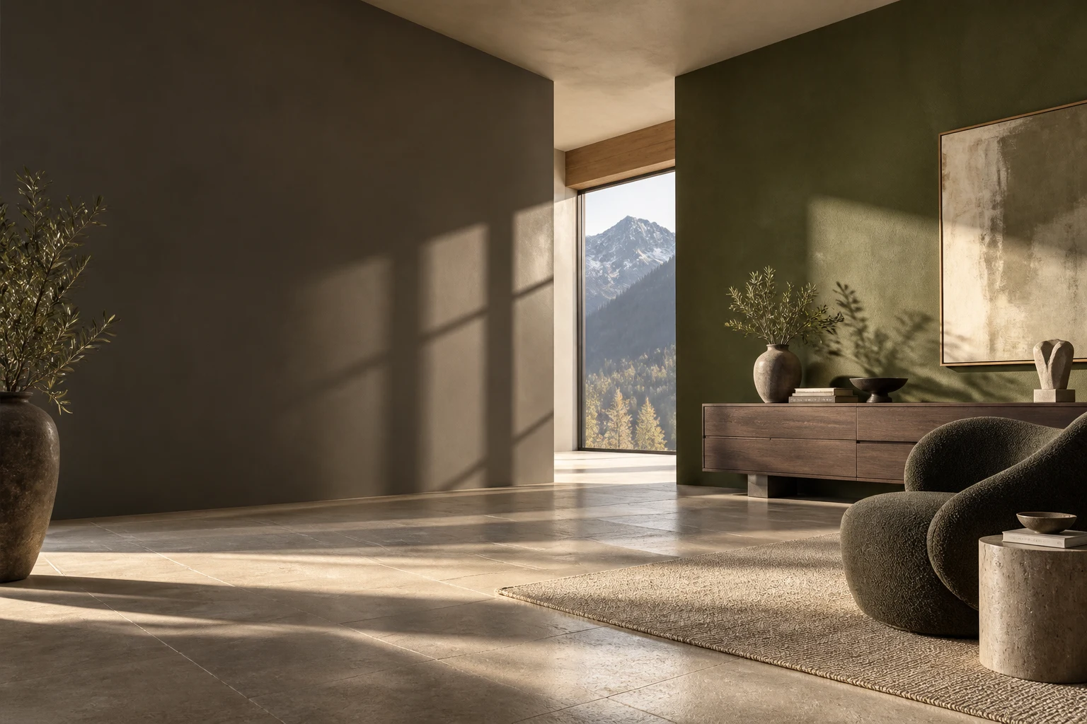 Wohninspiration: skulpturale Putzwände, olivgrüne Akzentwand und warmes Sonnenlicht